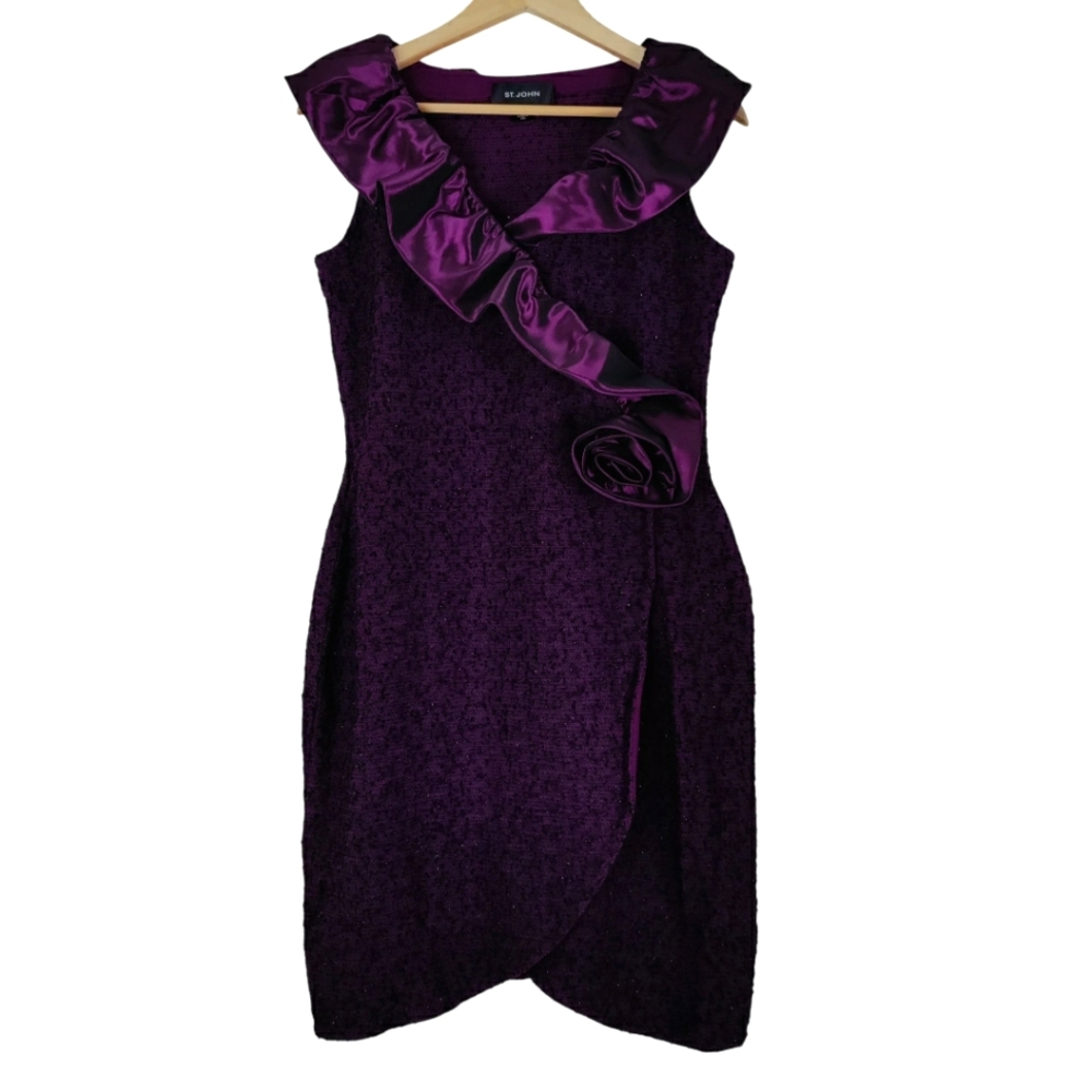 ST. JOHN Deep Pink Black Floral Knits Side Zip Sleeveless Sz 8 Knee Length Dress